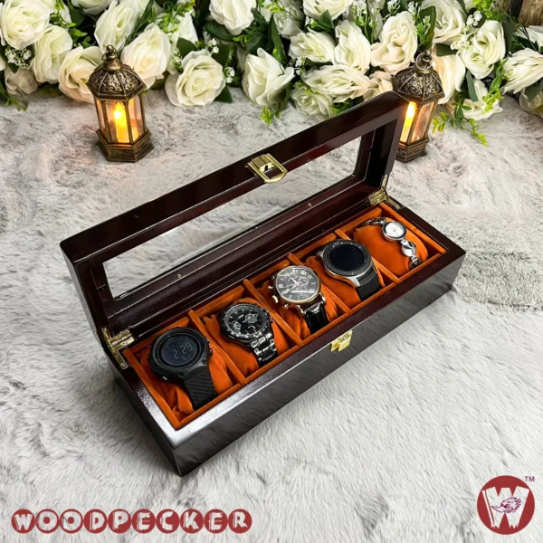 5 Slots  Orange Brown Velvet Wooden Watch Organizer Box - Image 3