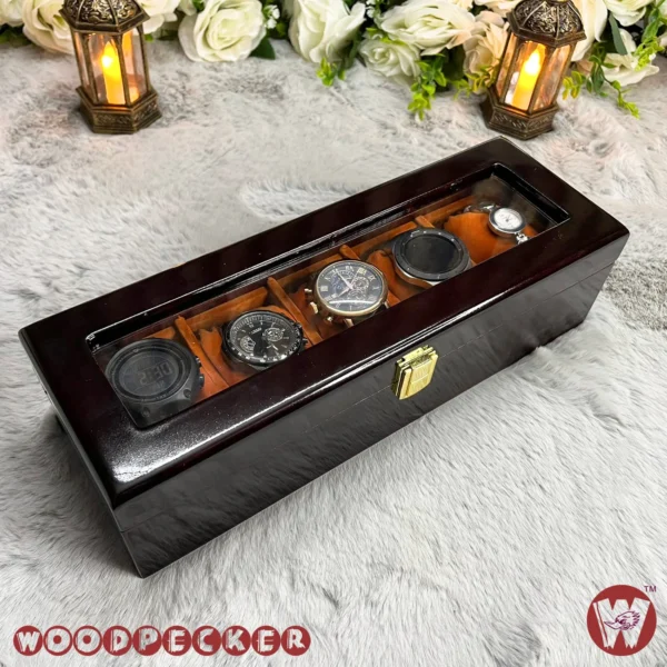 5 Slots  Orange Brown Velvet Wooden Watch Organizer Box - Image 4