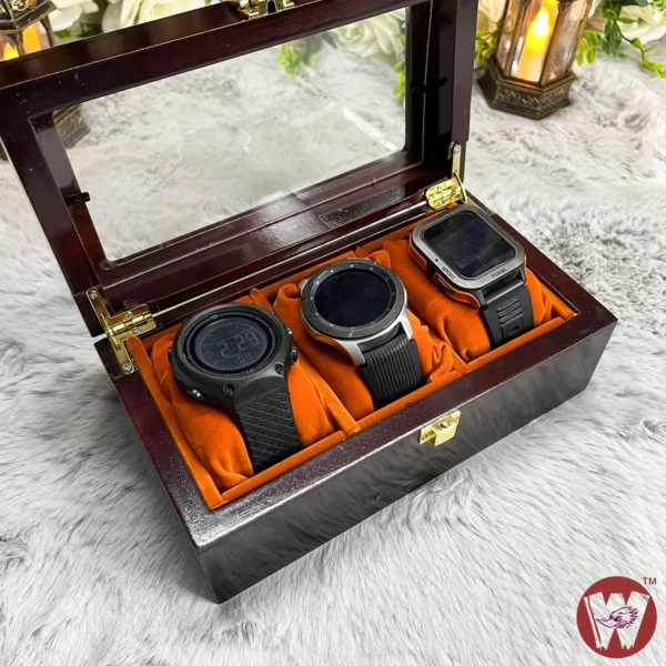 3 Slots  Orange Brown Velvet Wooden Watch Organizer Box - Image 13