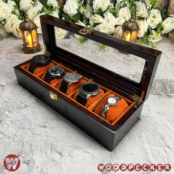 5 Slots  Orange Brown Velvet Wooden Watch Organizer Box - Image 5