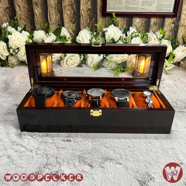 5 Slots  Orange Brown Velvet Wooden Watch Organizer Box - Image 6