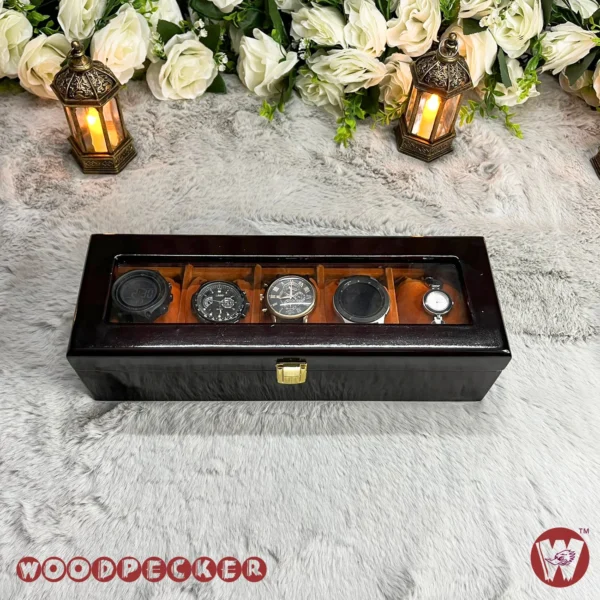 5 Slots  Orange Brown Velvet Wooden Watch Organizer Box - Image 7