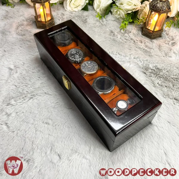 5 Slots  Orange Brown Velvet Wooden Watch Organizer Box - Image 8