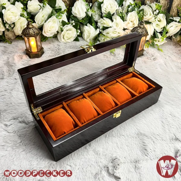 5 Slots  Orange Brown Velvet Wooden Watch Organizer Box - Image 9