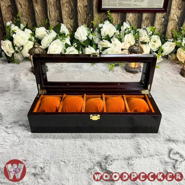 5 Slots  Orange Brown Velvet Wooden Watch Organizer Box - Image 10