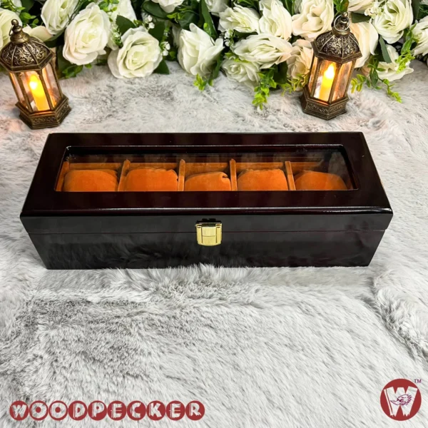 5 Slots  Orange Brown Velvet Wooden Watch Organizer Box - Image 11