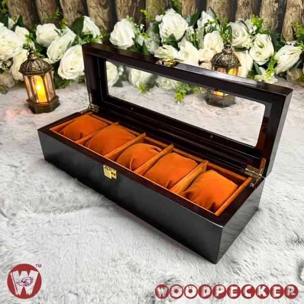 5 Slots  Orange Brown Velvet Wooden Watch Organizer Box