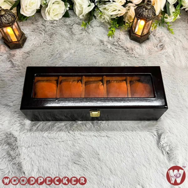 5 Slots  Orange Brown Velvet Wooden Watch Organizer Box - Image 12