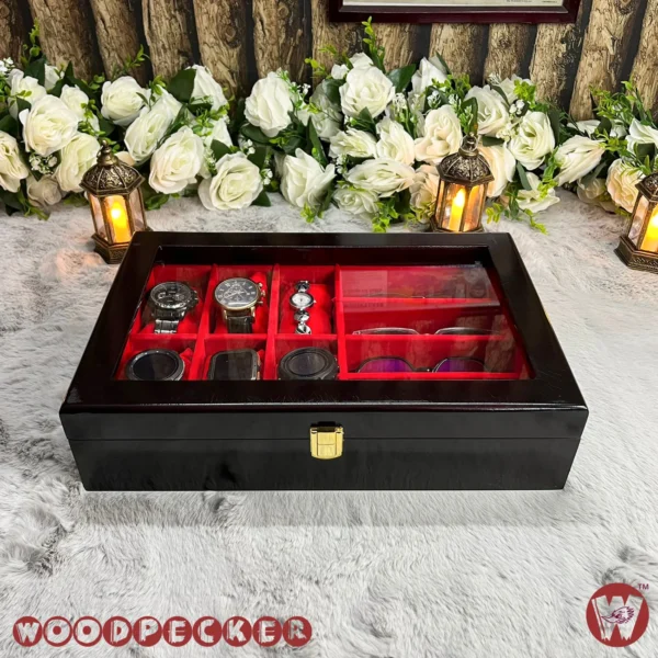 6 slots watch 4 slots sunglass Red Velvet Combo Wooden Organizer Box - Image 5