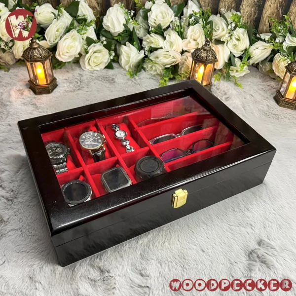 6 slots watch 4 slots sunglass Red Velvet Combo Wooden Organizer Box - Image 6