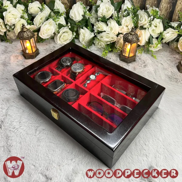 6 slots watch 4 slots sunglass Red Velvet Combo Wooden Organizer Box - Image 7