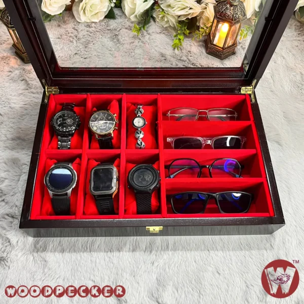 6 slots watch 4 slots sunglass Red Velvet Combo Wooden Organizer Box - Image 8