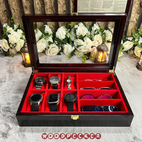 6 slots watch 4 slots sunglass Red Velvet Combo Wooden Organizer Box - Image 9