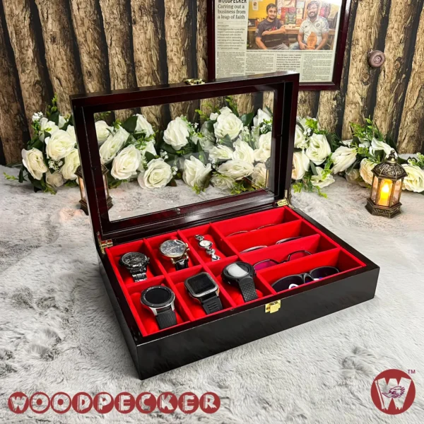 6 slots watch 4 slots sunglass Red Velvet Combo Wooden Organizer Box - Image 10