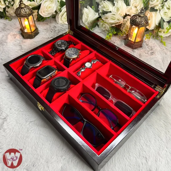 6 slots watch 4 slots sunglass Red Velvet Combo Wooden Organizer Box - Image 11