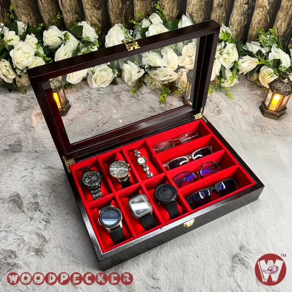 6 slots watch 4 slots sunglass Red Velvet Combo Wooden Organizer Box - Image 12