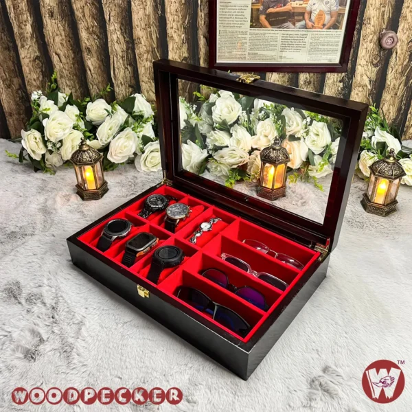 6 slots watch 4 slots sunglass Red Velvet Combo Wooden Organizer Box - Image 13