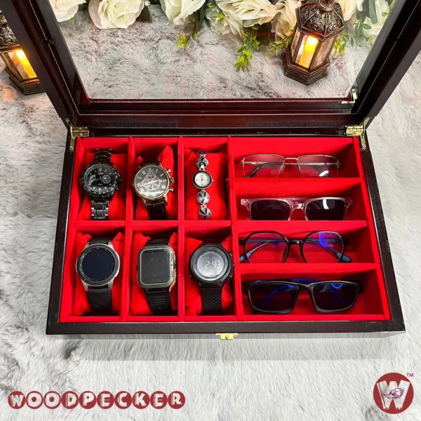 6 slots watch 4 slots sunglass Red Velvet Combo Wooden Organizer Box - Image 14