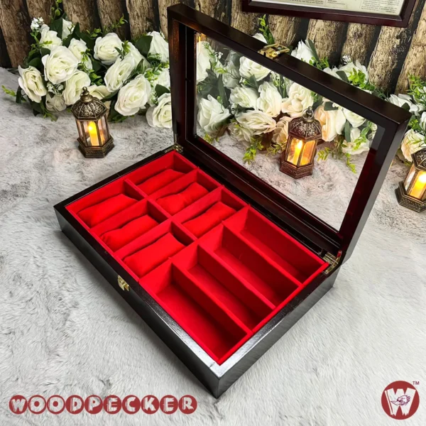 6 slots watch 4 slots sunglass Red Velvet Combo Wooden Organizer Box - Image 16