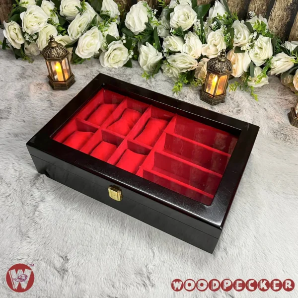 6 slots watch 4 slots sunglass Red Velvet Combo Wooden Organizer Box - Image 17