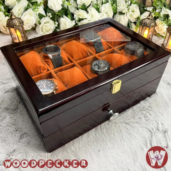 20 Slots Orange Brown Velvet Wooden Watch Organizer Box - Image 4