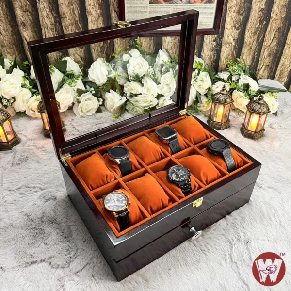 20 Slots Orange Brown Velvet Wooden Watch Organizer Box - Image 5