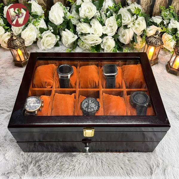 20 Slots Orange Brown Velvet Wooden Watch Organizer Box - Image 6