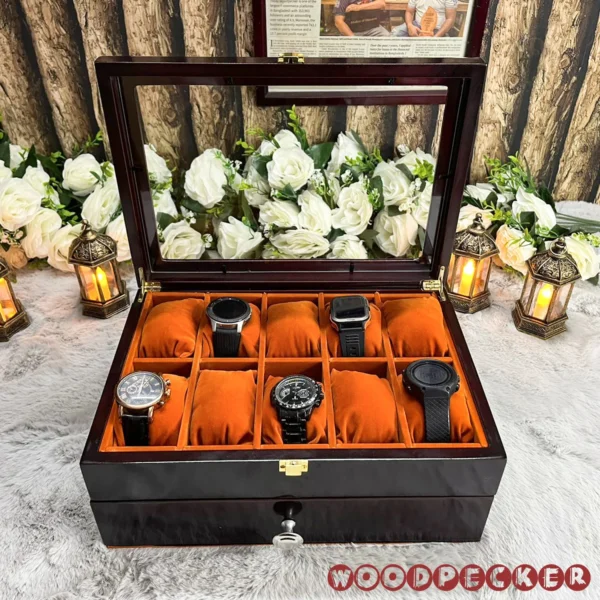 20 Slots Orange Brown Velvet Wooden Watch Organizer Box - Image 7