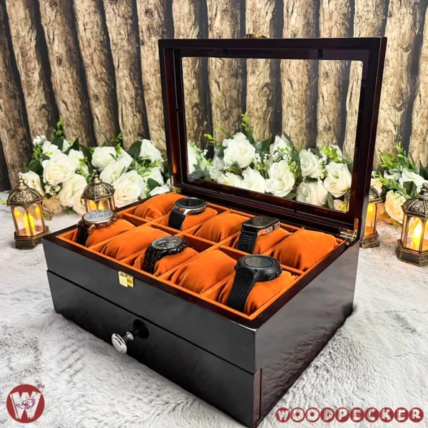 20 Slots Orange Brown Velvet Wooden Watch Organizer Box - Image 8