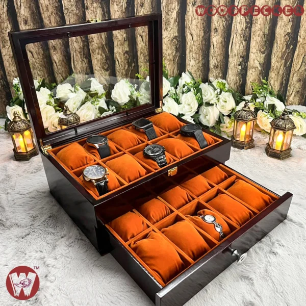 20 Slots Orange Brown Velvet Wooden Watch Organizer Box - Image 9