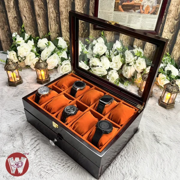 20 Slots Orange Brown Velvet Wooden Watch Organizer Box - Image 10