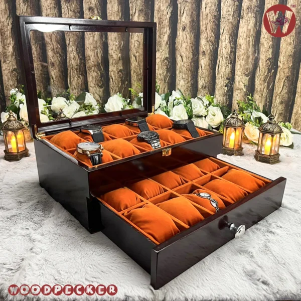 20 Slots Orange Brown Velvet Wooden Watch Organizer Box - Image 12