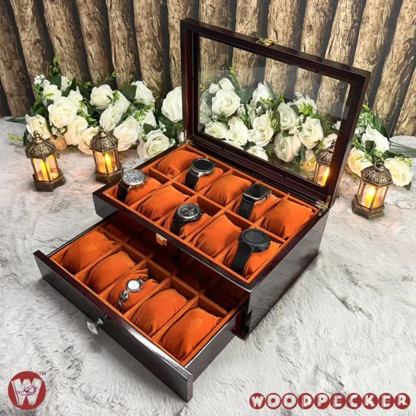 20 Slots Orange Brown Velvet Wooden Watch Organizer Box - Image 14