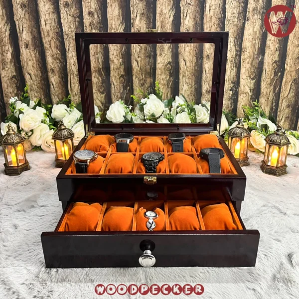 20 Slots Orange Brown Velvet Wooden Watch Organizer Box - Image 16