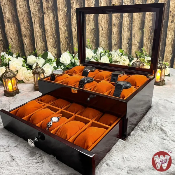 20 Slots Orange Brown Velvet Wooden Watch Organizer Box - Image 17