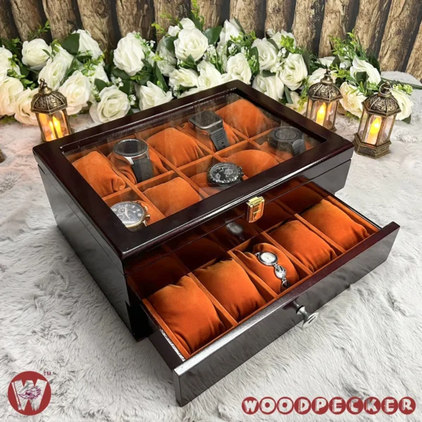 20 Slots Orange Brown Velvet Wooden Watch Organizer Box - Image 20