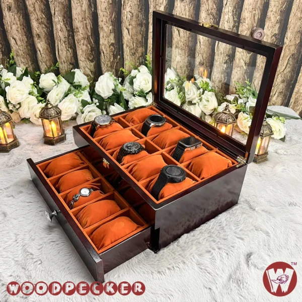 20 Slots Orange Brown Velvet Wooden Watch Organizer Box - Image 21