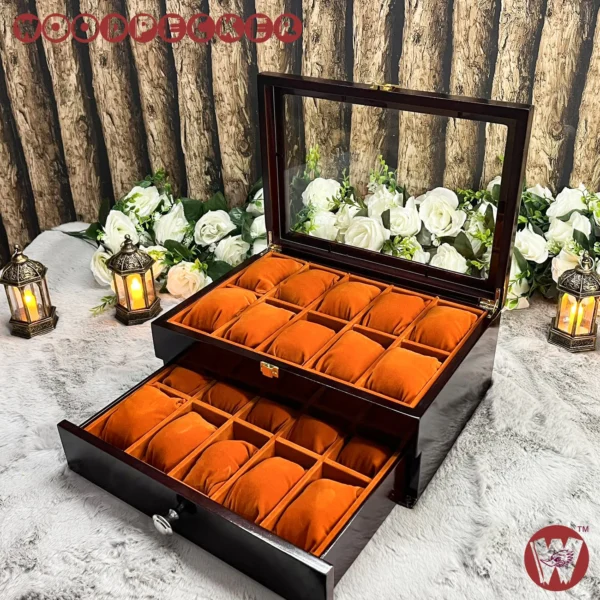 20 Slots Orange Brown Velvet Wooden Watch Organizer Box