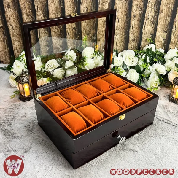 20 Slots Orange Brown Velvet Wooden Watch Organizer Box - Image 22