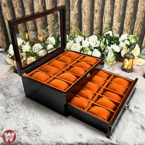 20 Slots Orange Brown Velvet Wooden Watch Organizer Box - Image 23