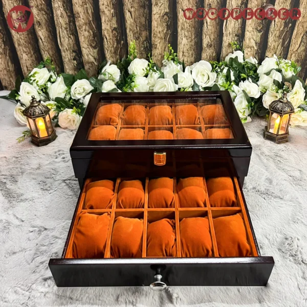 20 Slots Orange Brown Velvet Wooden Watch Organizer Box - Image 24