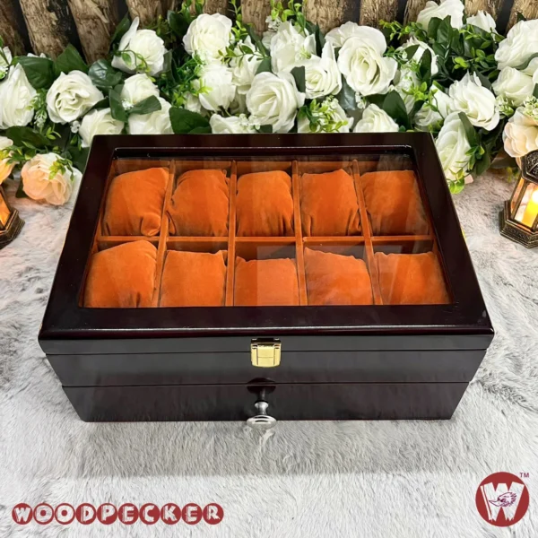 20 Slots Orange Brown Velvet Wooden Watch Organizer Box - Image 25