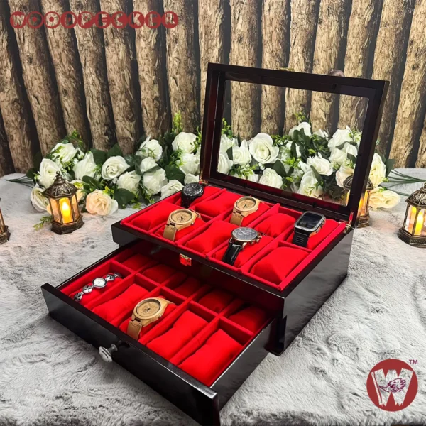 20 Slots Red Velvet Wooden Watch Organizer Box - Image 9