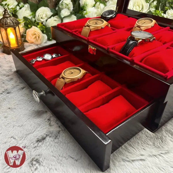 20 Slots Red Velvet Wooden Watch Organizer Box - Image 12