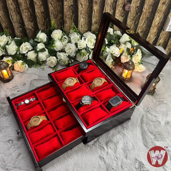 20 Slots Red Velvet Wooden Watch Organizer Box - Image 14