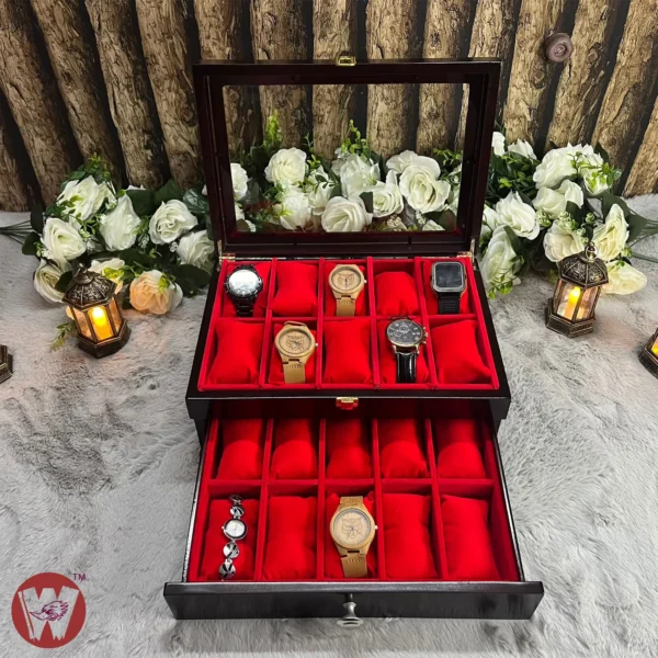 20 Slots Red Velvet Wooden Watch Organizer Box - Image 16