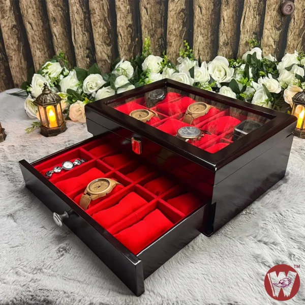 20 Slots Red Velvet Wooden Watch Organizer Box - Image 18