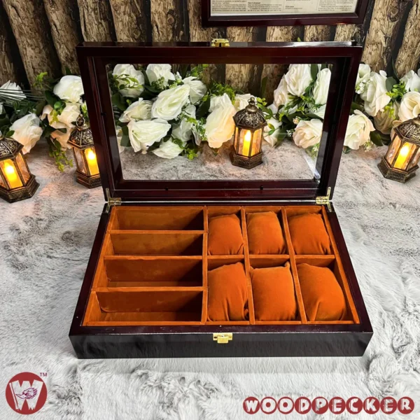 6 slots watch 4 slots sunglass  Orange brown Velvet Combo Wooden Organizer Box