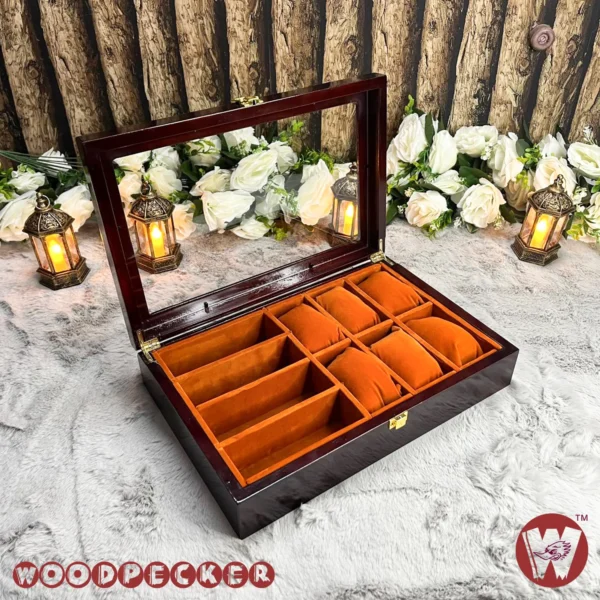 6 slots watch 4 slots sunglass  Orange brown Velvet Combo Wooden Organizer Box - Image 14