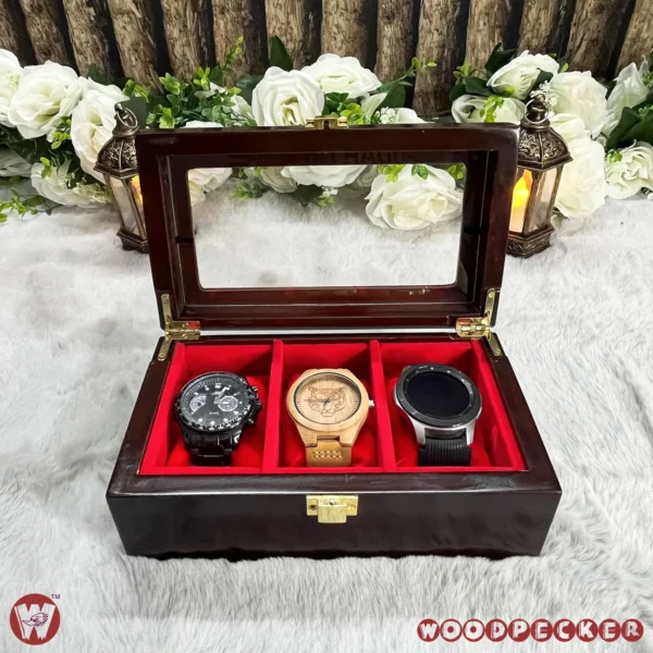 3 Slots  Red Velvet Wooden Watch Organizer Box - Image 2